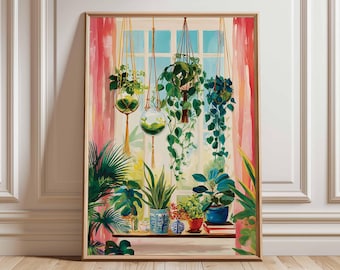Indoor Plant Art Print, Colorful Greenery Illustration, Boho Home Decor
