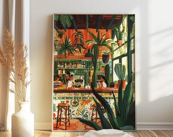 Puede incluir: Una ilustración colorida de un interior de cafetería con paredes de azulejos verdes, plantas en macetas y personas sentadas en un mostrador. La cafetería tiene un tema tropical con vegetación exuberante y colores vibrantes.