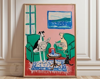 Lámina de galgo whippet / Perros leyendo, arte para sala de estar en rosa y verde