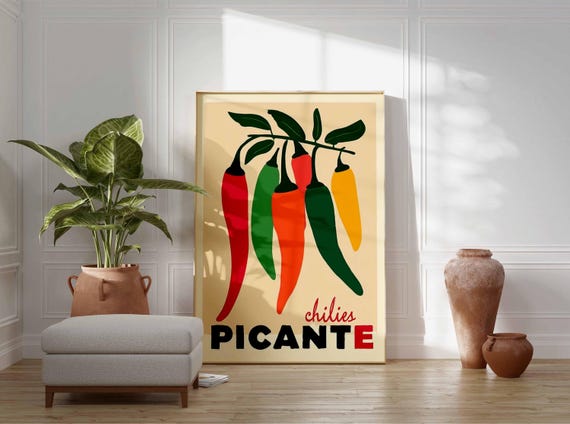 Chili Peppers Poster, Spicy Kitchen Wall Art Print, Vintage Food