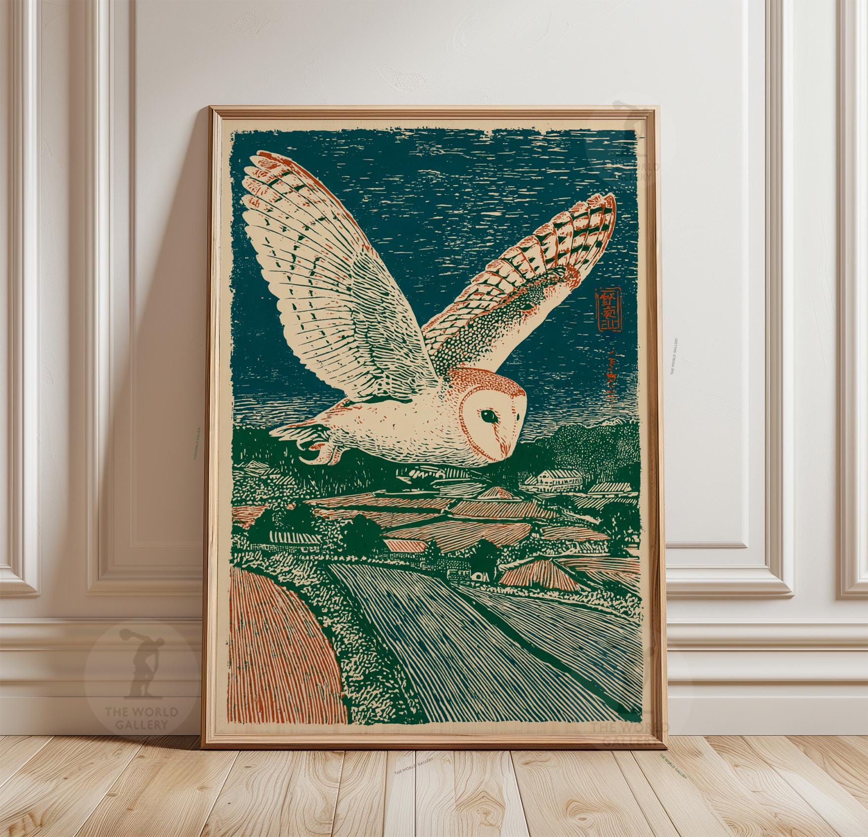 Barn Owl Farmland Poster | Vintage Linocut Style Bird Print