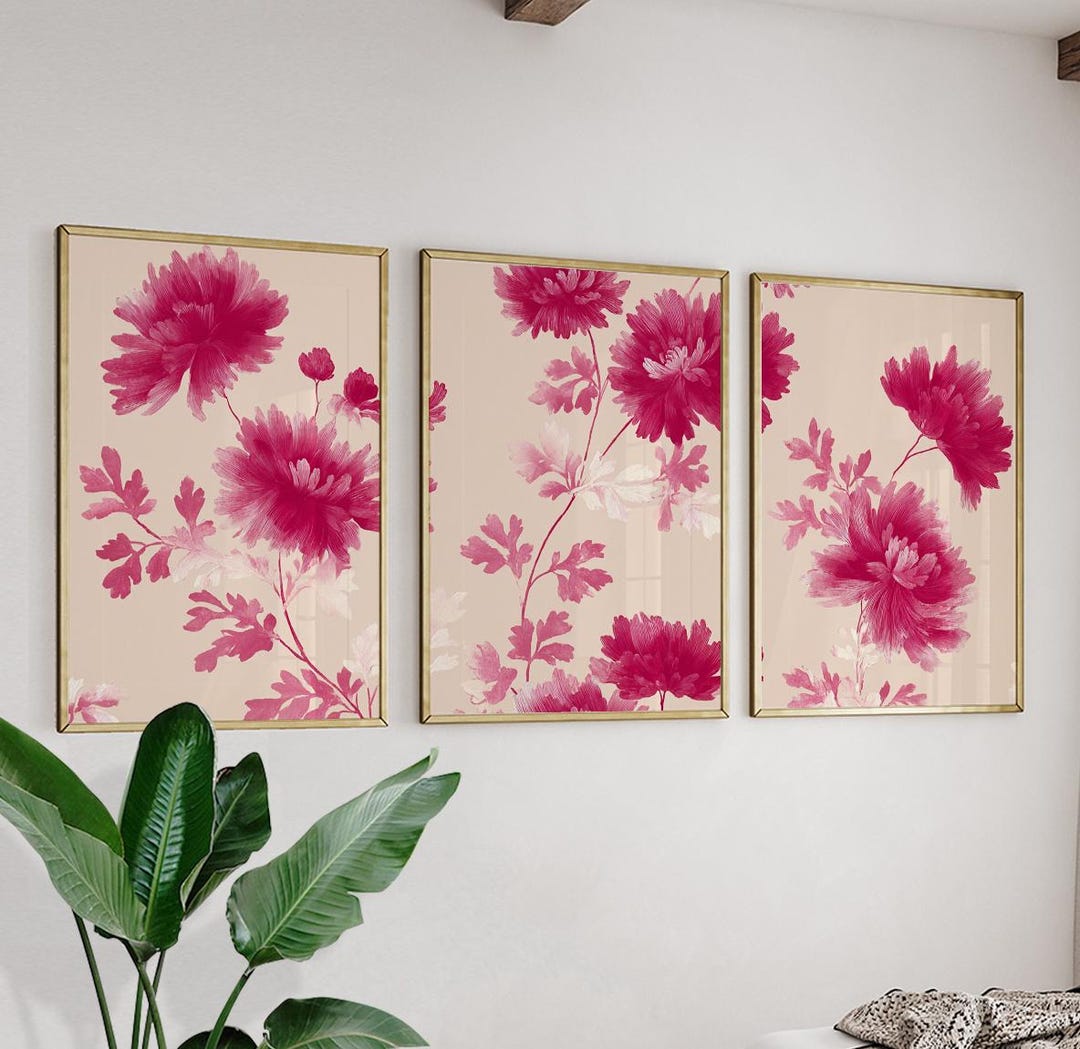 Pink Floral Botanical Wall Art | Set of 3 Posters | Modern Flower ...