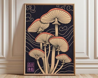 Pôster de cogumelo japonês, estampa botânica psicodélica, arte de parede boho