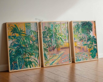 May include: Three framed paintings of a room filled with lush green plants in various shades of green, yellow, and white. The paintings are in wooden frames and are hung on a white wall.