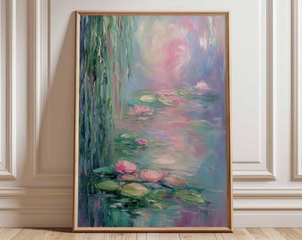 Water Lily Wall Art, Impressionist Style Poster, Pastel Floral Painting Print, Monet Inspired Pond Artwork, Botanical Home Decor