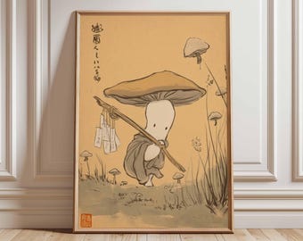 Stampa artistica giapponese con spirito del fungo, poster anime zen