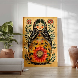 May include: A colourful illustration of a traditional Russian nesting doll, or matryoshka doll, with a floral design and a woman's face. The doll is surrounded by green leaves and red flowers.