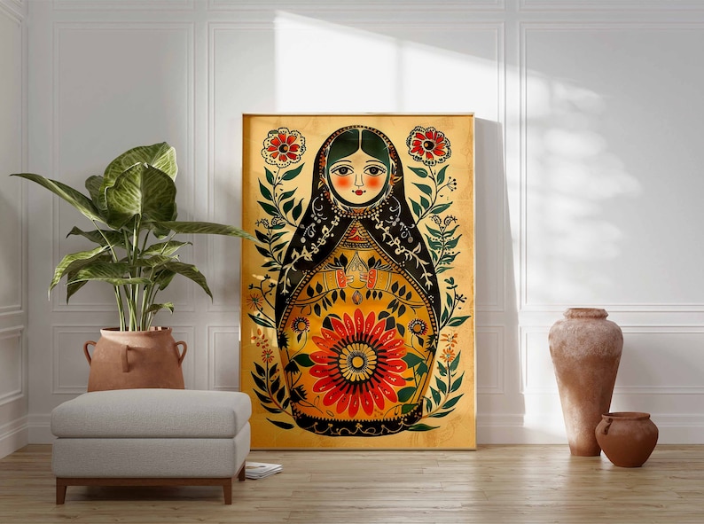 May include: A colourful illustration of a traditional Russian nesting doll, or matryoshka doll, with a floral design and a woman's face. The doll is surrounded by green leaves and red flowers.