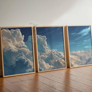 Juego de 3 impresiones de arte de pared con nubes para dormitorio, pósteres de nubes blancas y cielo beige, decoración vintage para el hogar, juego de 3 pósteres grandes, decoración de dormitorio