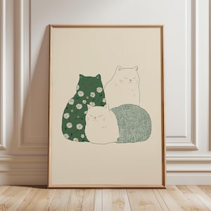 Stampa artistica minimalista di un gatto, illustrazione floreale di un gatto verde, poster moderno e stravagante di un animale, accogliente arte murale scandinava, grazioso arredamento minimalista per la casa
