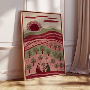 Puede incluir: Impresi&oacute;n art&iacute;stica enmarcada que representa un paisaje rural con un sol rojo, colinas y olivos. Dos figuras est&aacute;n sentadas en la parte inferior. La paleta de colores incluye tonos rojos, verdes y crema. La obra de arte se exhibe en un suelo de madera.