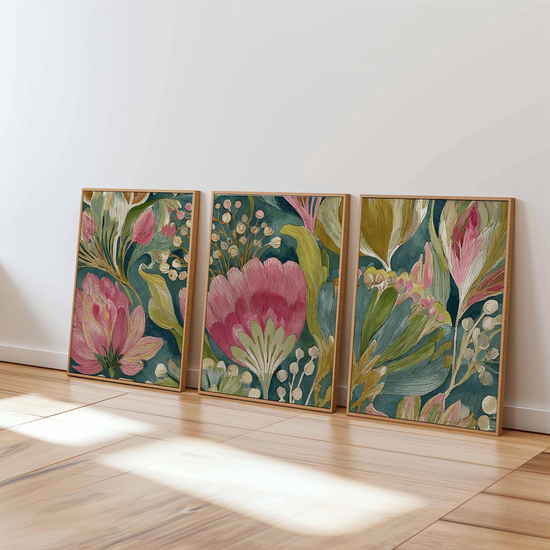 Botanical Wall Art Set of 3, Vintage Protea Floral Prints, Green and ...