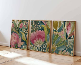 Lot de 3 oeuvres d'art murales botaniques, imprimés floraux Protea vintage, oeuvres d'art naturelles vertes et roses pour décoration de salon ou de chambre à coucher