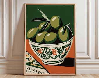 Vintage Olive Bowl Art Print – Rustic Mediterranean Kitchen Decor