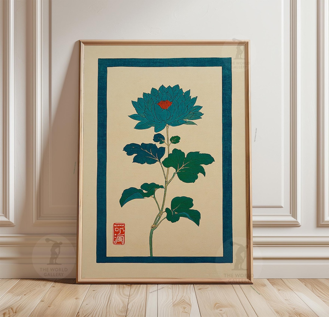 Japanese Lotus Flower Art Print | Teal & Red Botanical Decor - Etsy