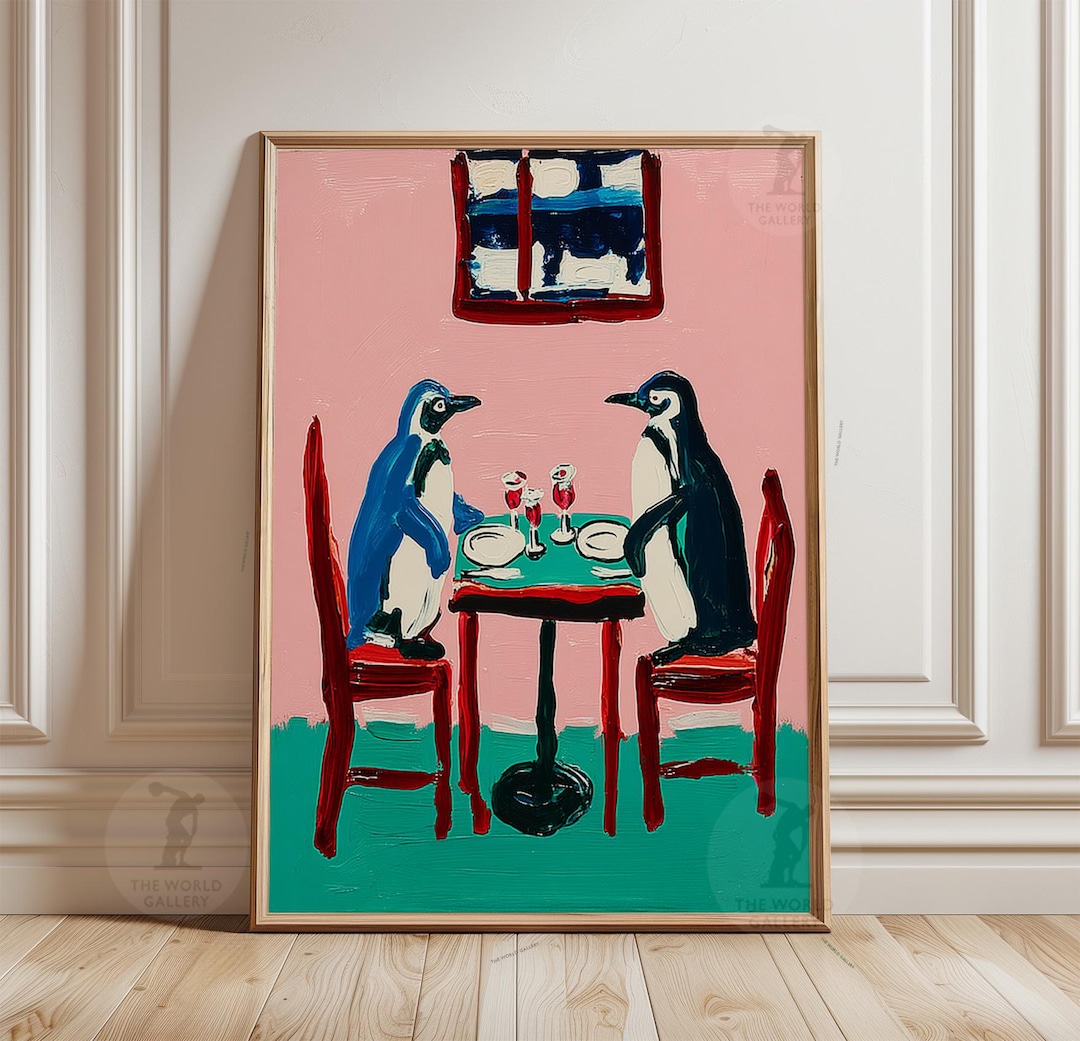 Pink Penguin Dinner Table Poster | Colourful Penguin Painting Wall Art ...