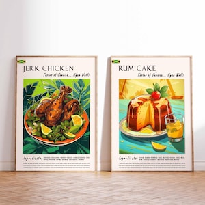 Conjunto de 2 pôsteres de comida jamaicana, impressão de comida caribenha, arte de comida jamaicana, pôster de comida caribenha, arte de comida de sobremesa, decoração de cozinha