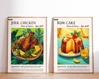 Juego de láminas de arte culinario jamaicano: pollo jerk, pastel de ron, decoración de cocina.