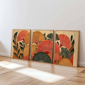 Retro Floral Wall Art Set of 3, Mid Century Modern Botanical Prints, Warm Earth Tone Flower Art for Living Room or Bedroom Decor