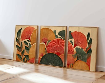 Retro Floral Wall Art Set of 3, Mid Century Modern Botanical Prints, Warm Earth Tone Flower Art for Living Room or Bedroom Decor