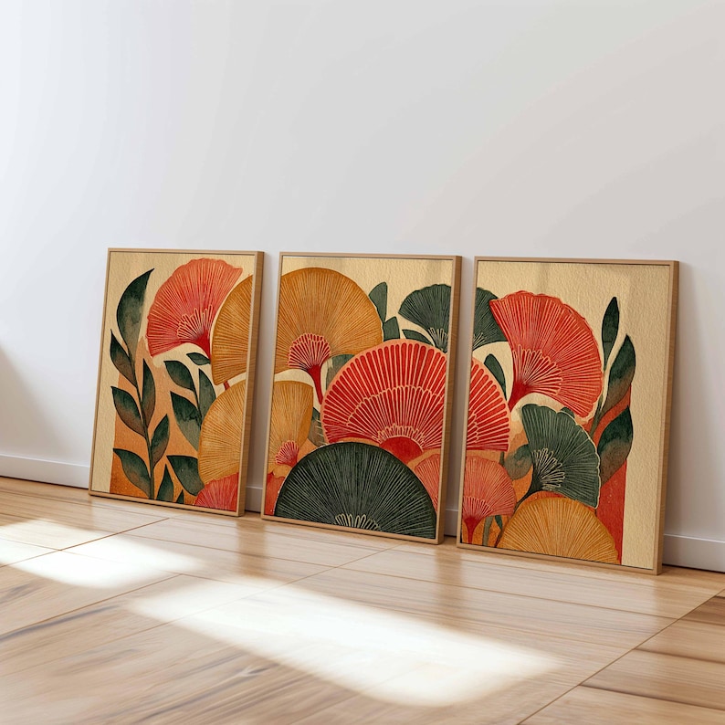 Retro Floral Wall Art Set of 3, Mid Century Modern Botanical Prints ...