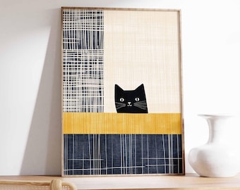 Impression moderne de chat noir, art géométrique abstrait, décoration d'intérieur minimaliste