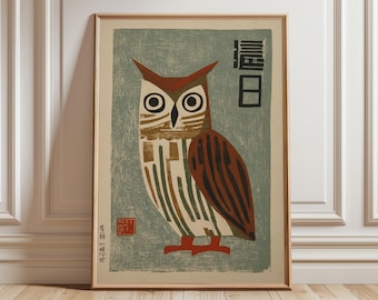 Japanse uilkunstdruk, vintage houtsnedestijl, modern uit het midden van de eeuw