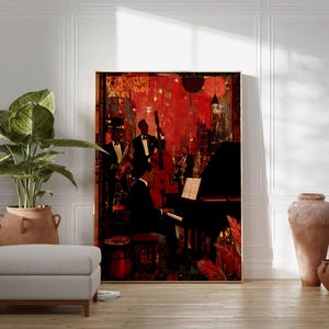 May include: A framed artwork depicting a jazz band performing in a dimly lit club. The painting features musicians playing a piano, double bass, and other instruments. The color palette is dominated by reds, blacks, and browns, creating a moody atmosphere.