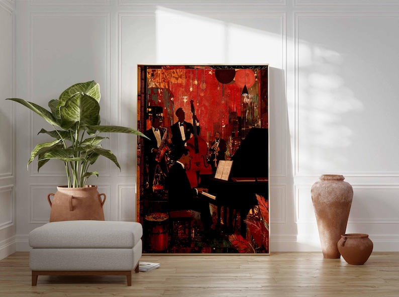 May include: A framed artwork depicting a jazz band performing in a dimly lit club. The painting features musicians playing a piano, double bass, and other instruments. The color palette is dominated by reds, blacks, and browns, creating a moody atmosphere.