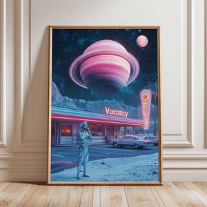 Póster retro de ciencia ficción, decoración cósmica surrealista de los años 70, póster espacial futurista, impresión de paisaje vintage, obra de arte espacial para dormitorio y sala de estar.