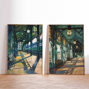 Set of 2 Railway Station Poster, Train Station Print, Train Poster, Train Print, Classic Art, Vintage Wall Decor, Railway Artwork