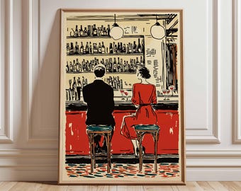 Romantic Bar Scene Art Print, Vintage Couple Poster, Retro Cocktail Bar Wall Art, Modern Line Illustration, Unframed Home Decor