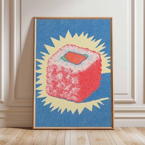May include: A framed art print featuring a stylized illustration of a sushi roll. The sushi is red with a green center, set against a yellow burst on a blue background. The print is in a wooden frame.