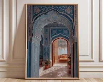 Blue Archway Palace Wall Art, Indian Architecture Poster, Ornate Mughal Interior Print, Bohemian Cultural Home Decor