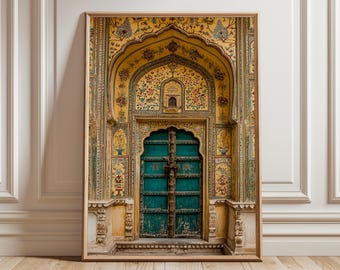 Golden Peacock Door Print, Indian Palace Wall Art, Jaipur