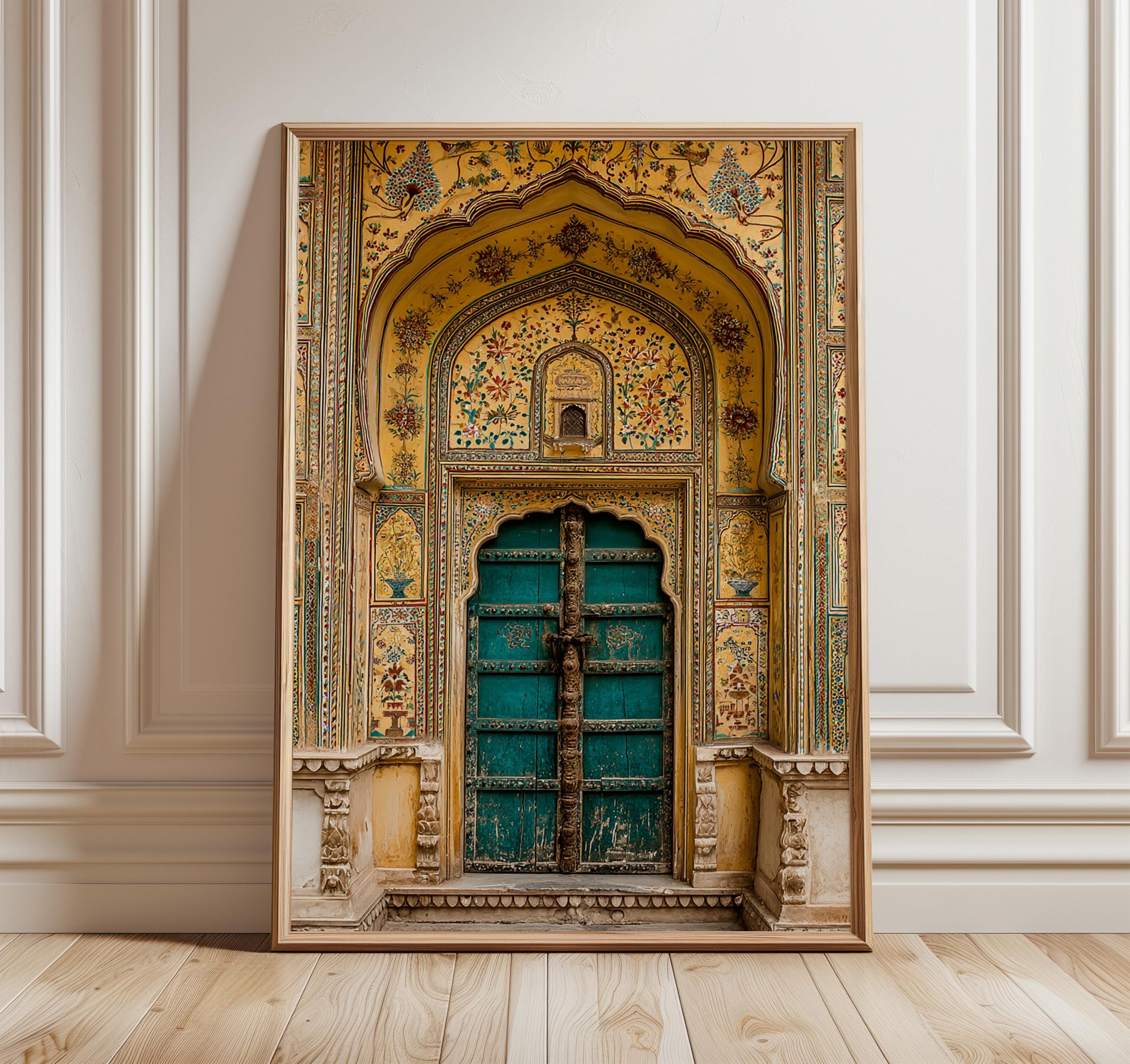 Golden Peacock Door Print, Indian Palace Wall Art, Jaipur