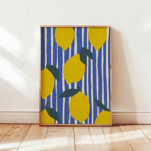 Minimalistische Zitrone Art Print, Skandinavische Küchen Dekoration, Blau Gestreifte Wandkunst, Modernes Obst Poster, Einzigartiges Retro Wohndekor