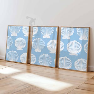 Shell Wall Art Poster Set, Blue Seashell Prints, Coastal Beach Bathroom Decor, Nautical Ocean Poster Set, Sea Shell Art Prints, Beach Decor