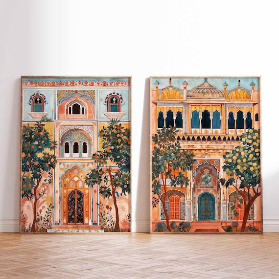 Indian Art Prints, Jaipur Palace & Elephant Wall Art, Boho Indian