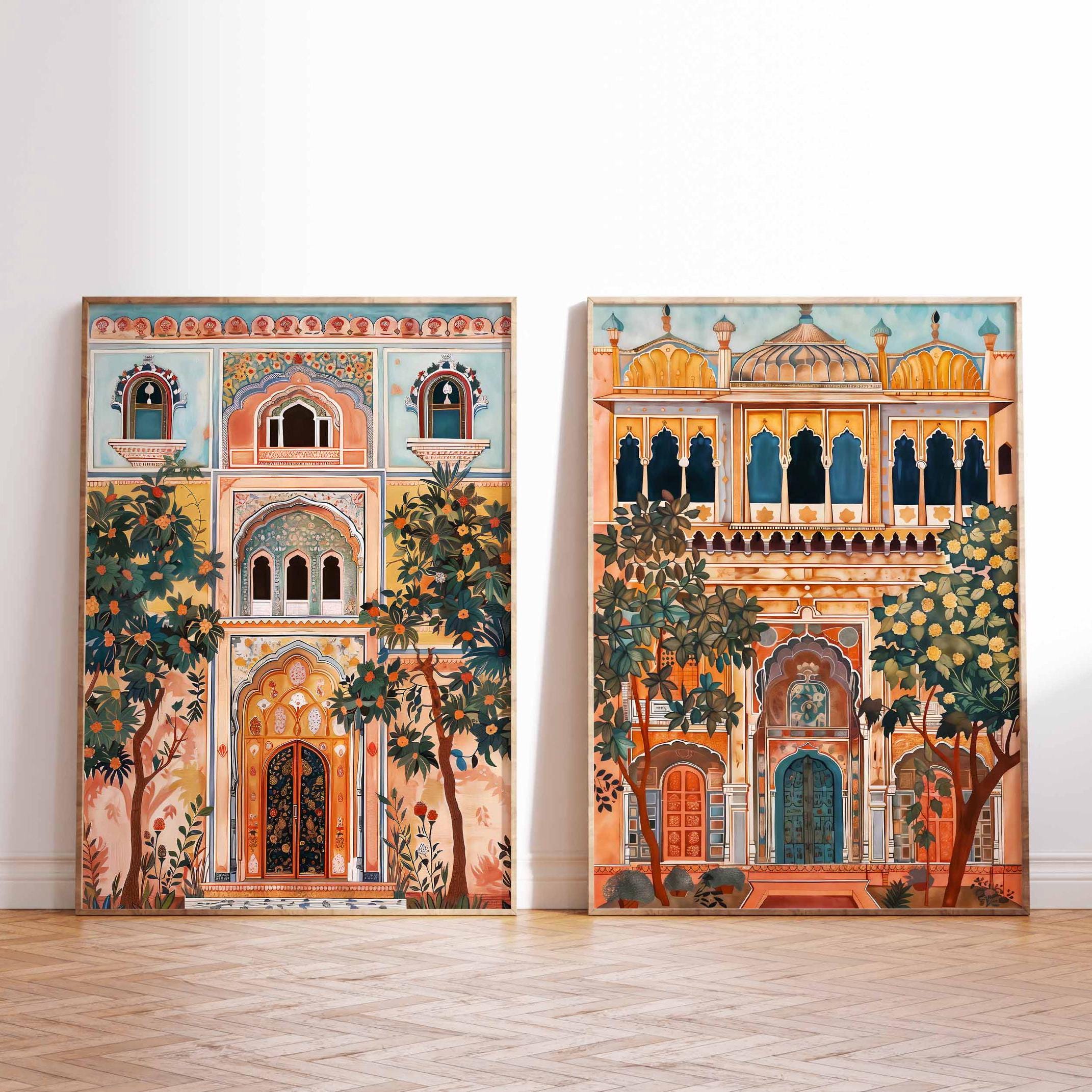 Indian Art Prints, Jaipur Palace & Elephant Wall Art, Boho Indian