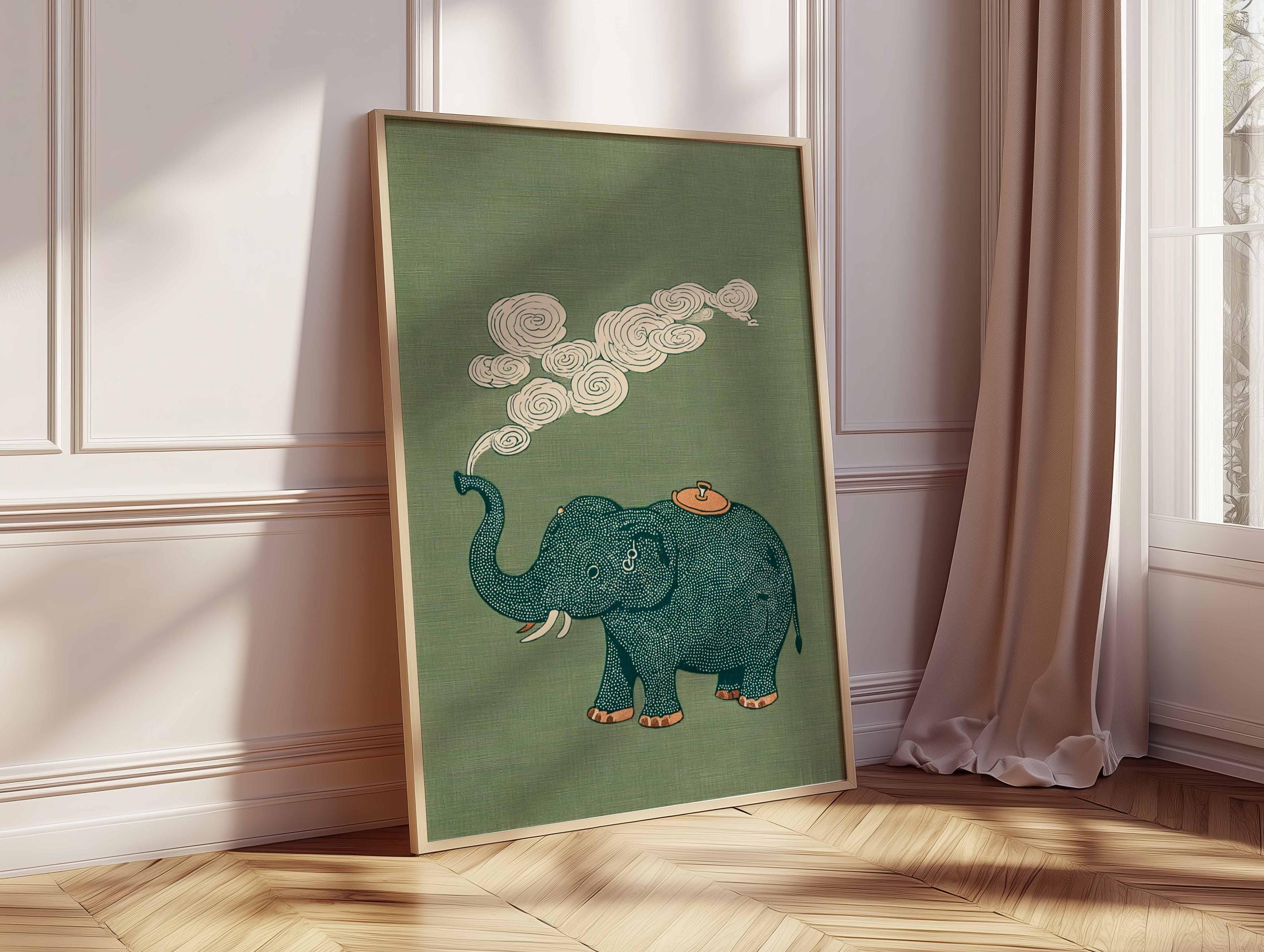 Japanese Elephant Poster, Vintage Asian Art, Japandi Wall Decor