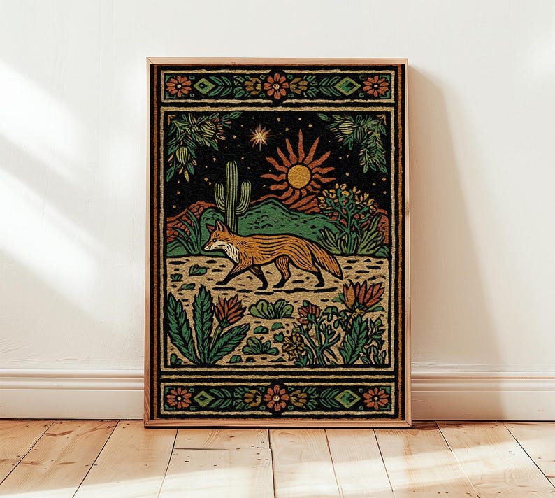 May include: A framed art print featuring a desert landscape with a fox. The artwork has a black background with a sun, cactus, and various plants. The fox is orange and brown, and the frame is a light brown color.