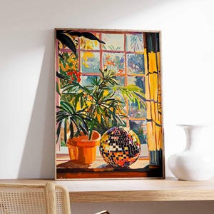 May include: A framed painting of a window with a potted plant and a disco ball. The window is open and the plant is in a terracotta pot. The disco ball is reflecting light from the window.