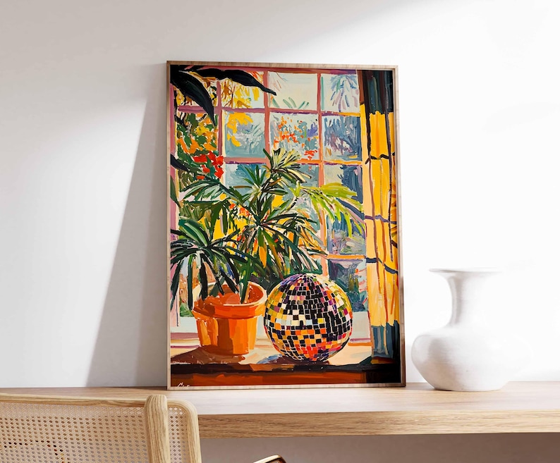 May include: A framed painting of a window with a potted plant and a disco ball. The window is open and the plant is in a terracotta pot. The disco ball is reflecting light from the window.