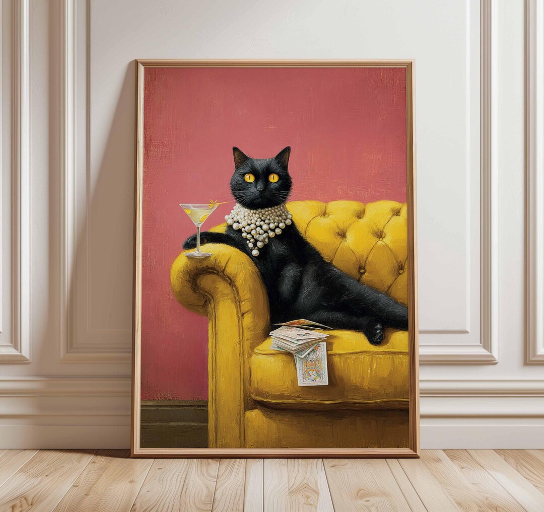 Black Cat Cocktail Poster | Pink Background Art Print | Quirky Animal ...