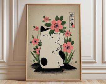 Estampado japonés de gato de la suerte, flores de cerezo, decoración zen asiática