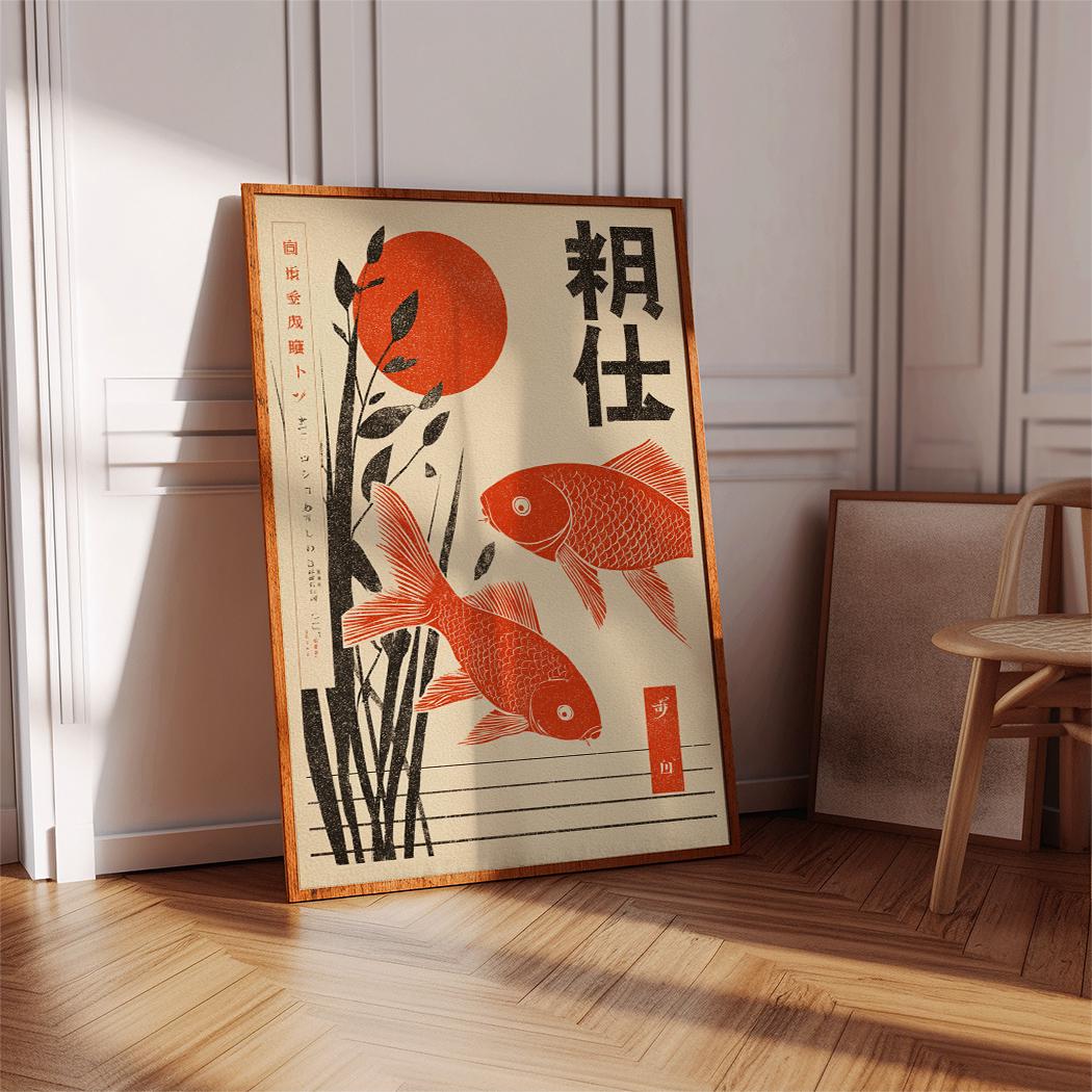 Japanese Koi Fish Poster, Ukiyo-e Art Print, Red Sun Carp Artwork ...