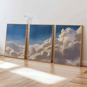 Juego de 3 impresiones de arte de pared con nubes para dormitorio, pósteres de nubes blancas y cielo beige, decoración vintage para el hogar, juego de 3 pósteres grandes, decoración de dormitorio