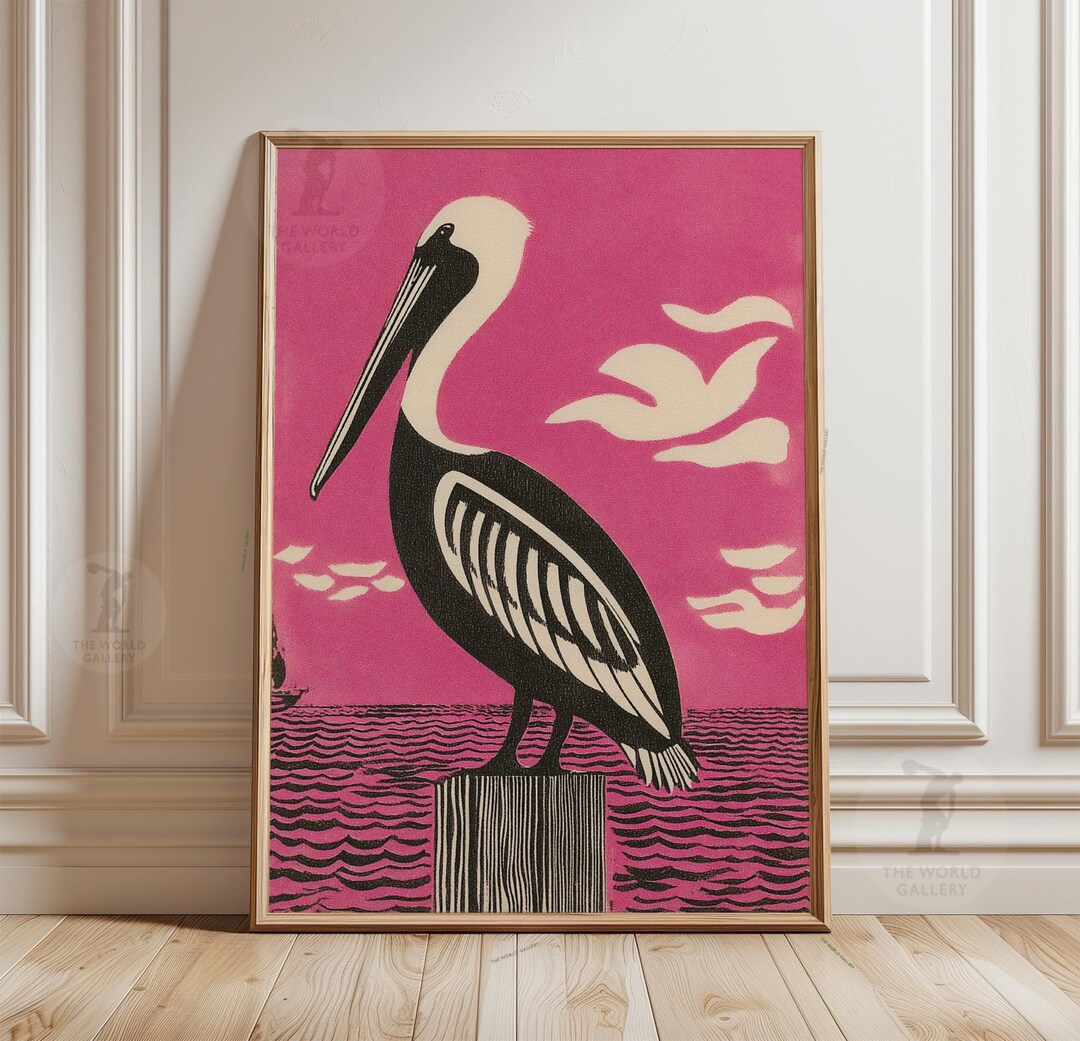 Pelican Ocean Poster, Pink Coastal Scene, Linocut Bird Wall Art Print ...
