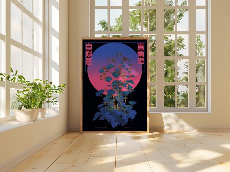 May include: A framed art print featuring a stylized floral design against a gradient pink and blue circle on a black background. Japanese characters are on the sides. The artwork is displayed in a bright room with a window and plants.